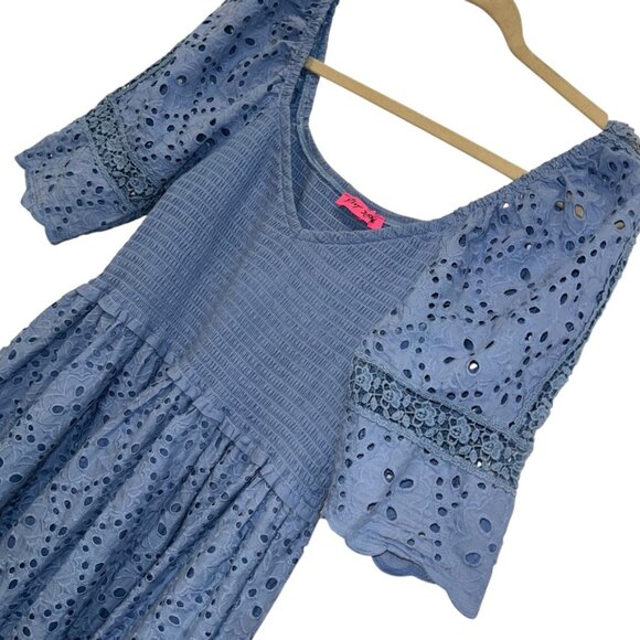 betsey johnson rich light blue eyelet smocking Baby Doll Dress Y2K M - Picture 3 of 4
